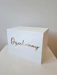 Białe pudełko na koperty złoty napis Dziękujemy wesele ślub