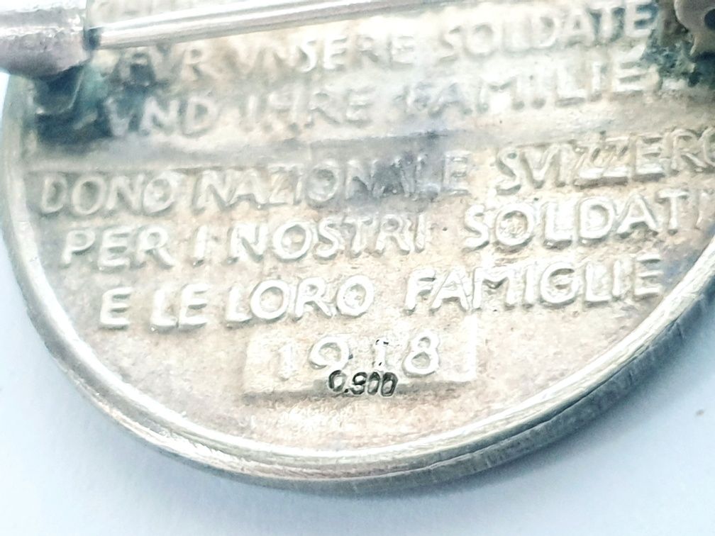Antiga medalha / pin militar suíço de 1918 Hans Frei em prata  900