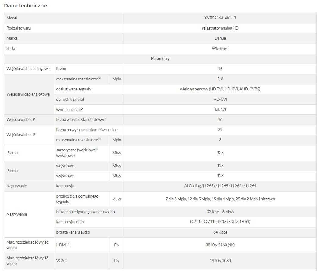 Rejestrator HD-CVI Dahua XVR5216A-4KL-I3 16kan, 8 Mpix, 7kl./s 1x SATA