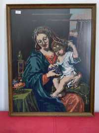 Obraz stary wyszywany Madonna z Dzieciątkiem piękny