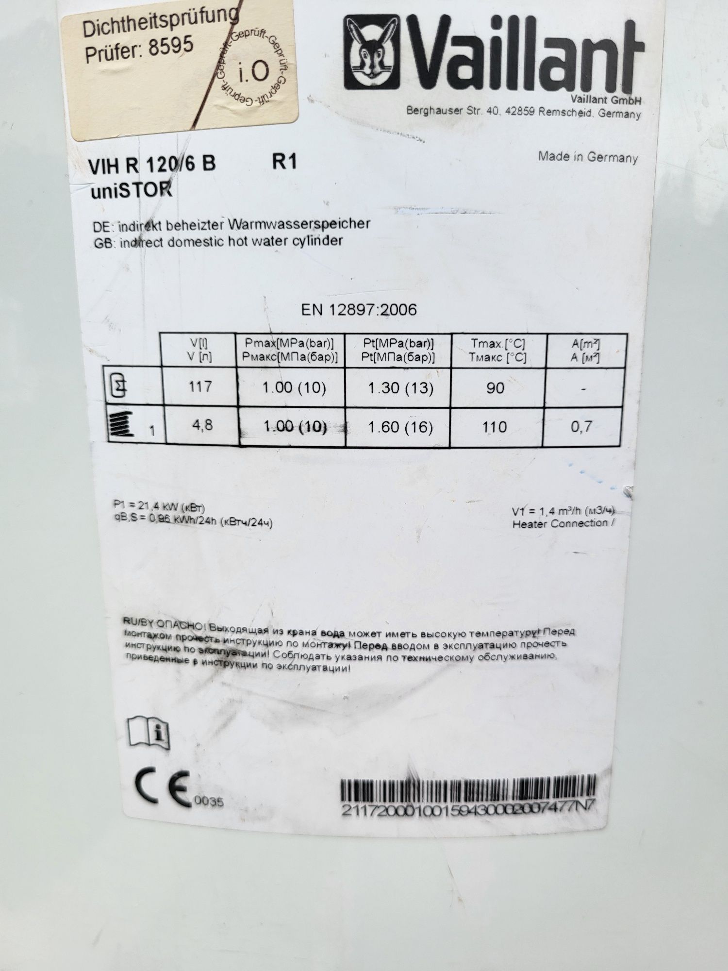 Zasobnik CWU 120 litrówVaillant VIH R 120/6 B - . 100 % sprawny