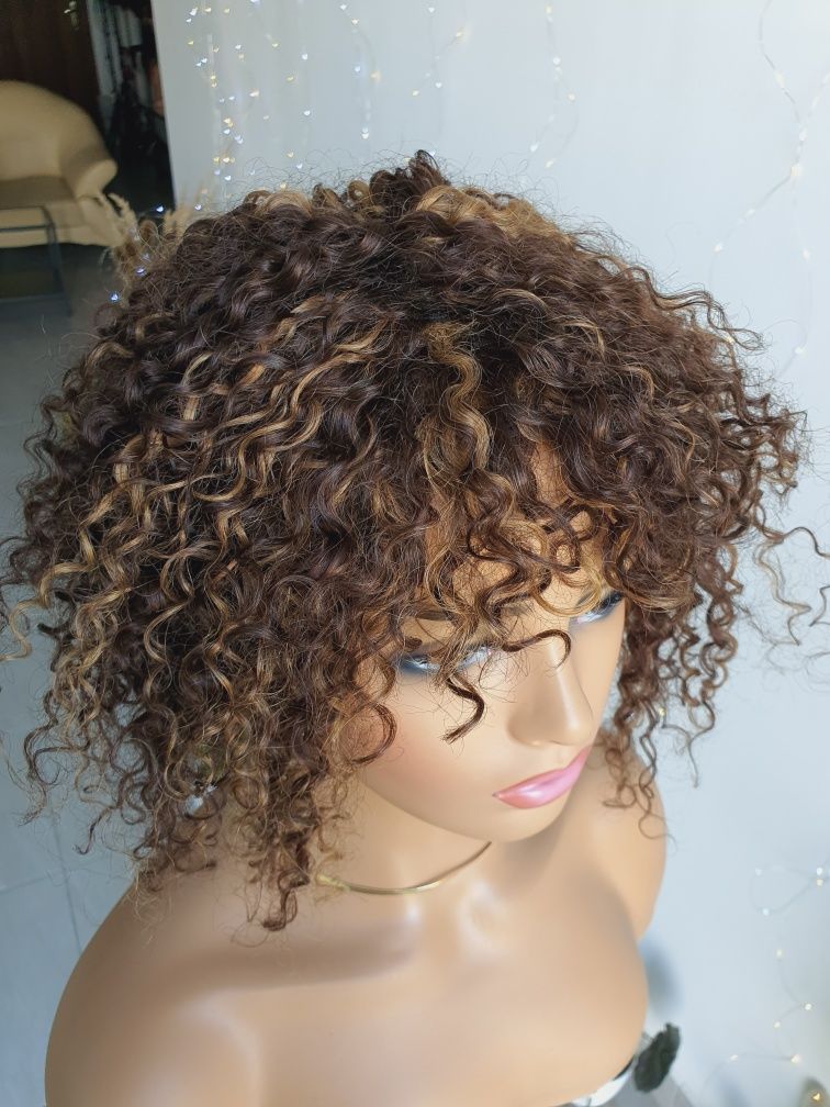 Afroloki peruka z naturalnych włosów brąz refleksy loki loczki