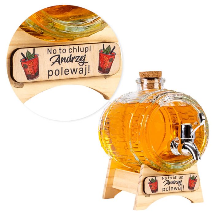 Beczka beczułka 1l szklana + stojak + tabliczka z nadrukiem