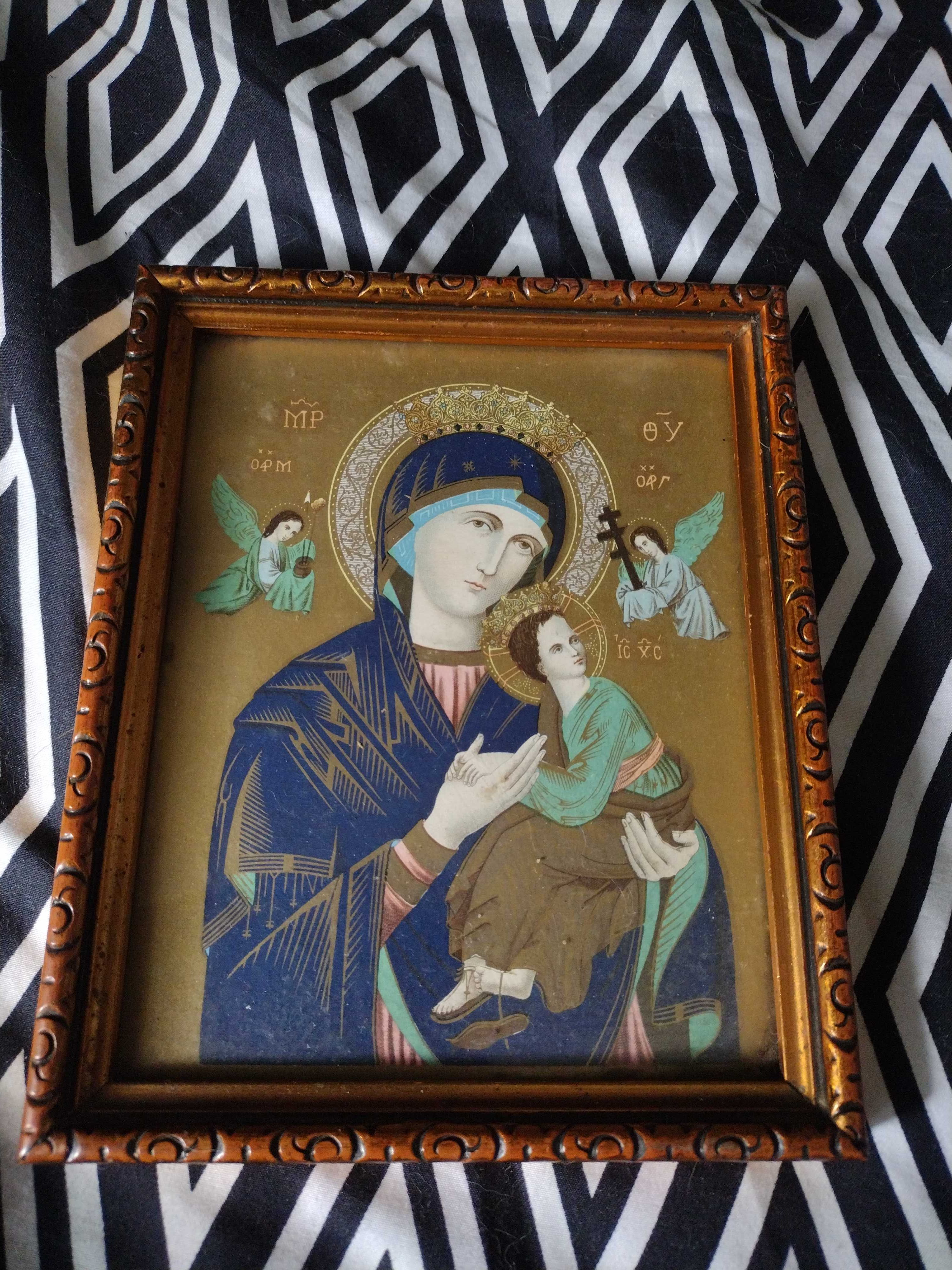 Stary religijny święty obrazek Matka Boska z Dzieciątkiem
