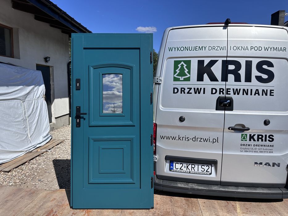 Drzwi zewnętrzne drewniane zielone 6004 Cała Polska Montaż