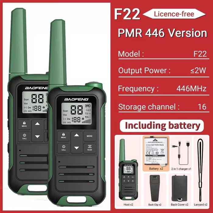 Рації Baofeng PMR T22 / F22 2 шт. Радіостанція Рація + ліхтарик, Typ-С