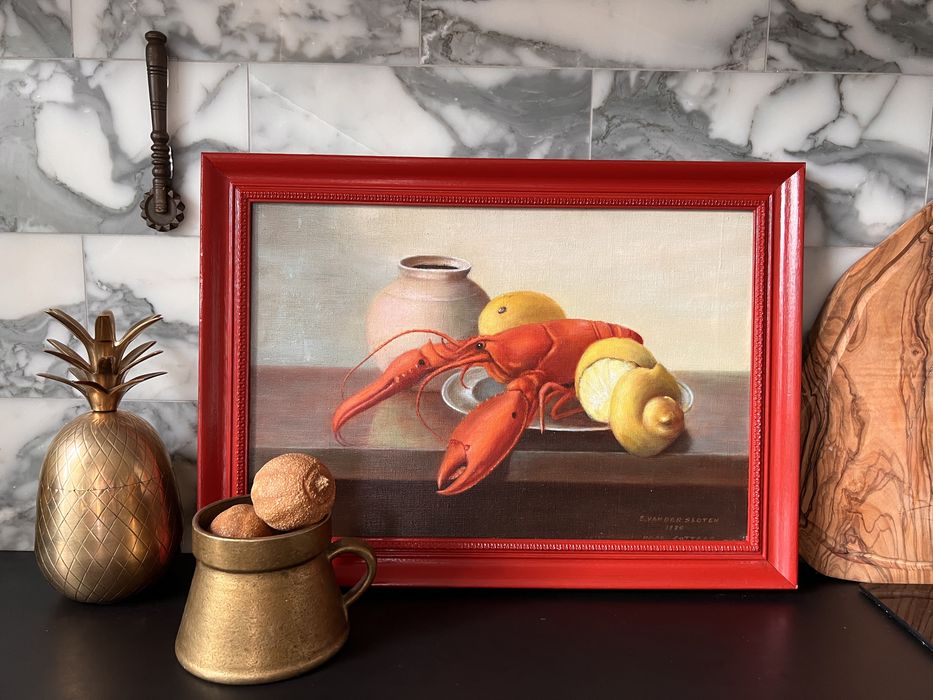 1970 obraz olejny olej martwa natura chomar rak cytryny Vintage sygn