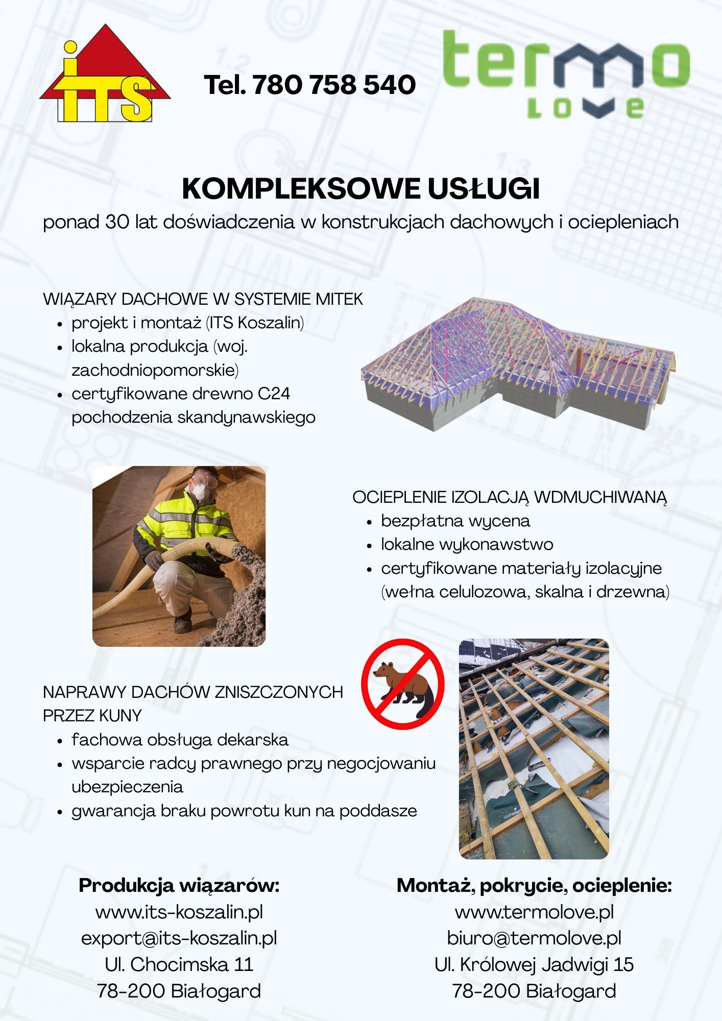 Naprawa izolacji i dachów po kunach Wiązary dachowe Ocieplenie dachu