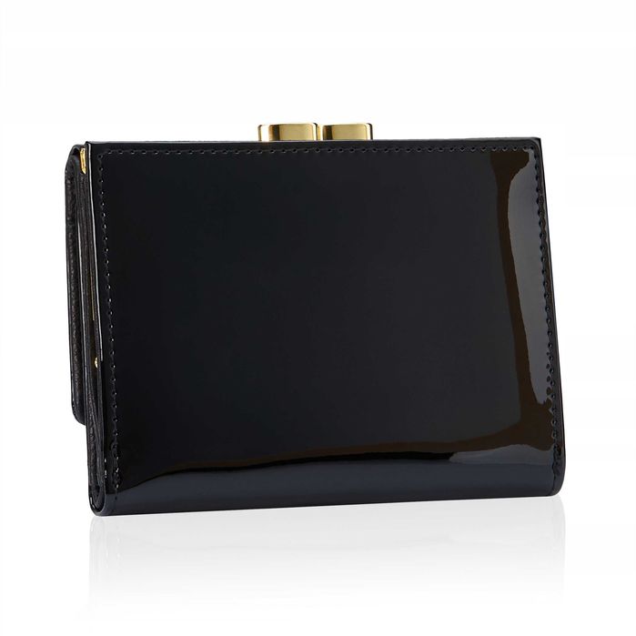 BETLEWSKI Portfel Damski Skórzany Czarny Lakierowany Mały Błyszczący