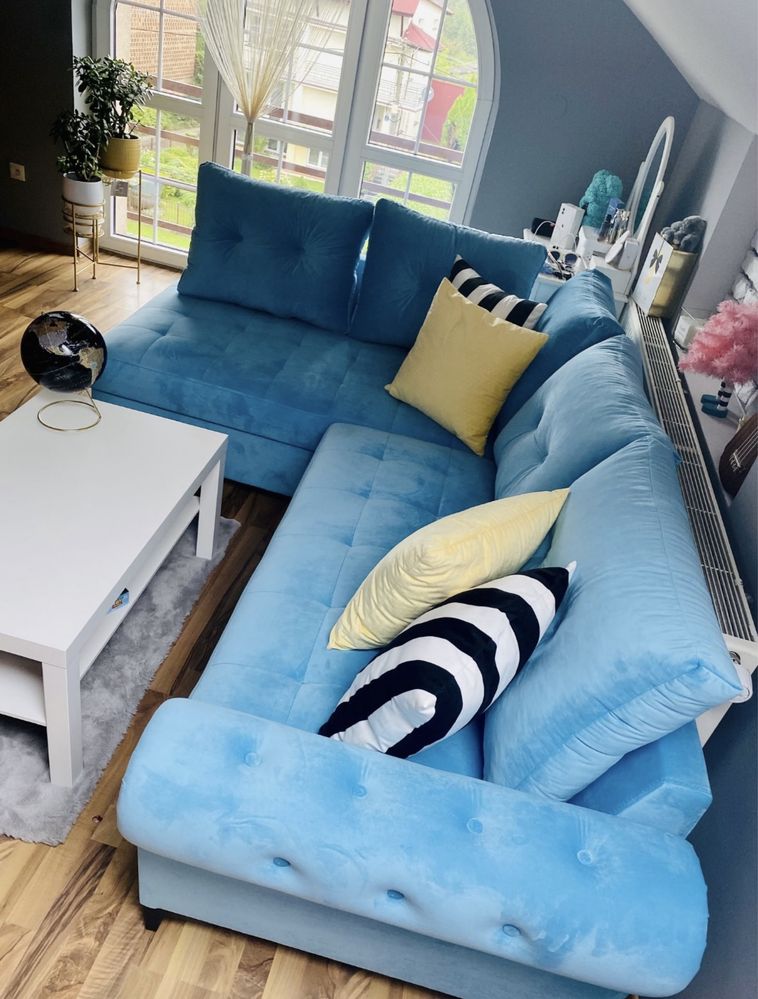 Sofa narożnik błękitny