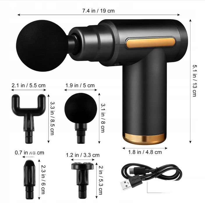 Masażer  ciała pistolet  do masażu GUN + 4 końcowki + Akumulator USB
