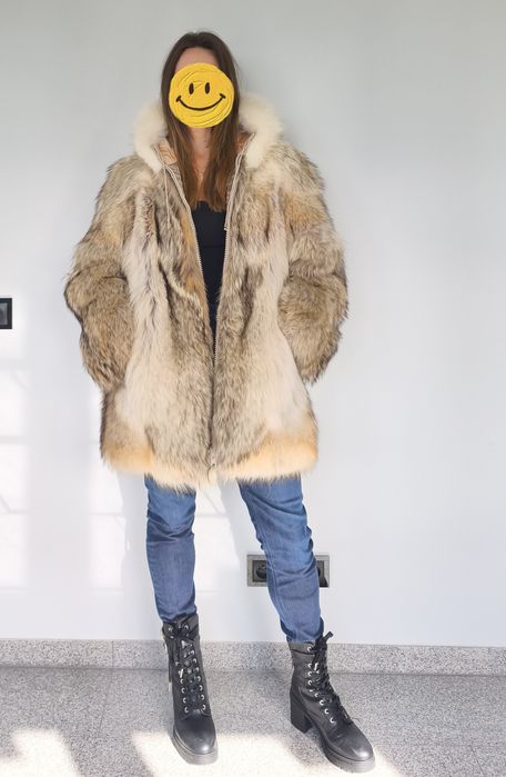 Naturalne futro płaszcz kurtka z kojota z kapturem prawdziwe