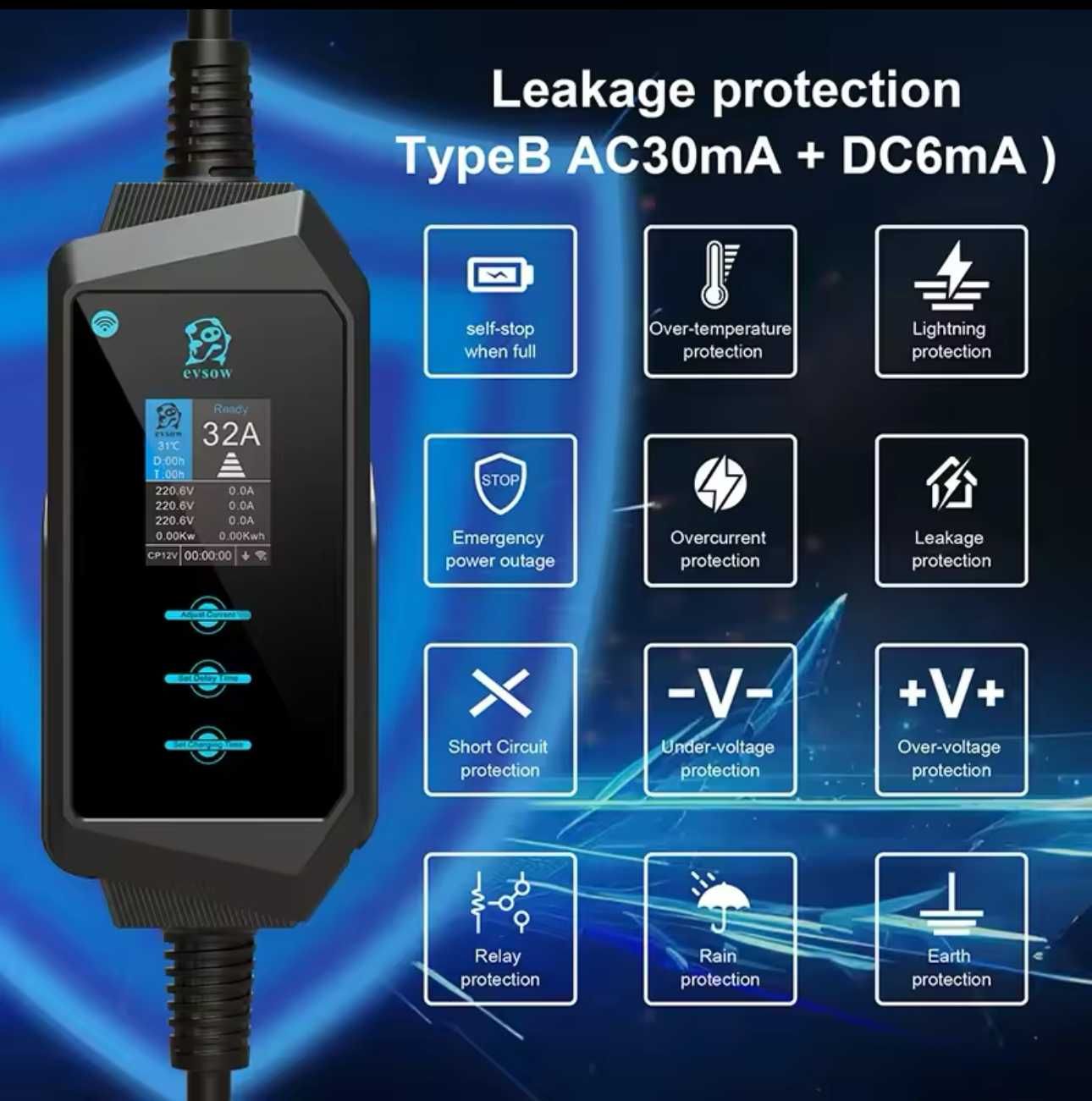 Carregador Portátil 22 kw - 32A - Trifasico c/APP -Eletricos/ Hibridos