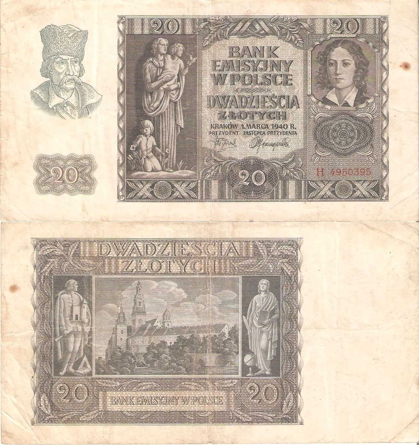 39. Stary banknot. 20 złotych 1940