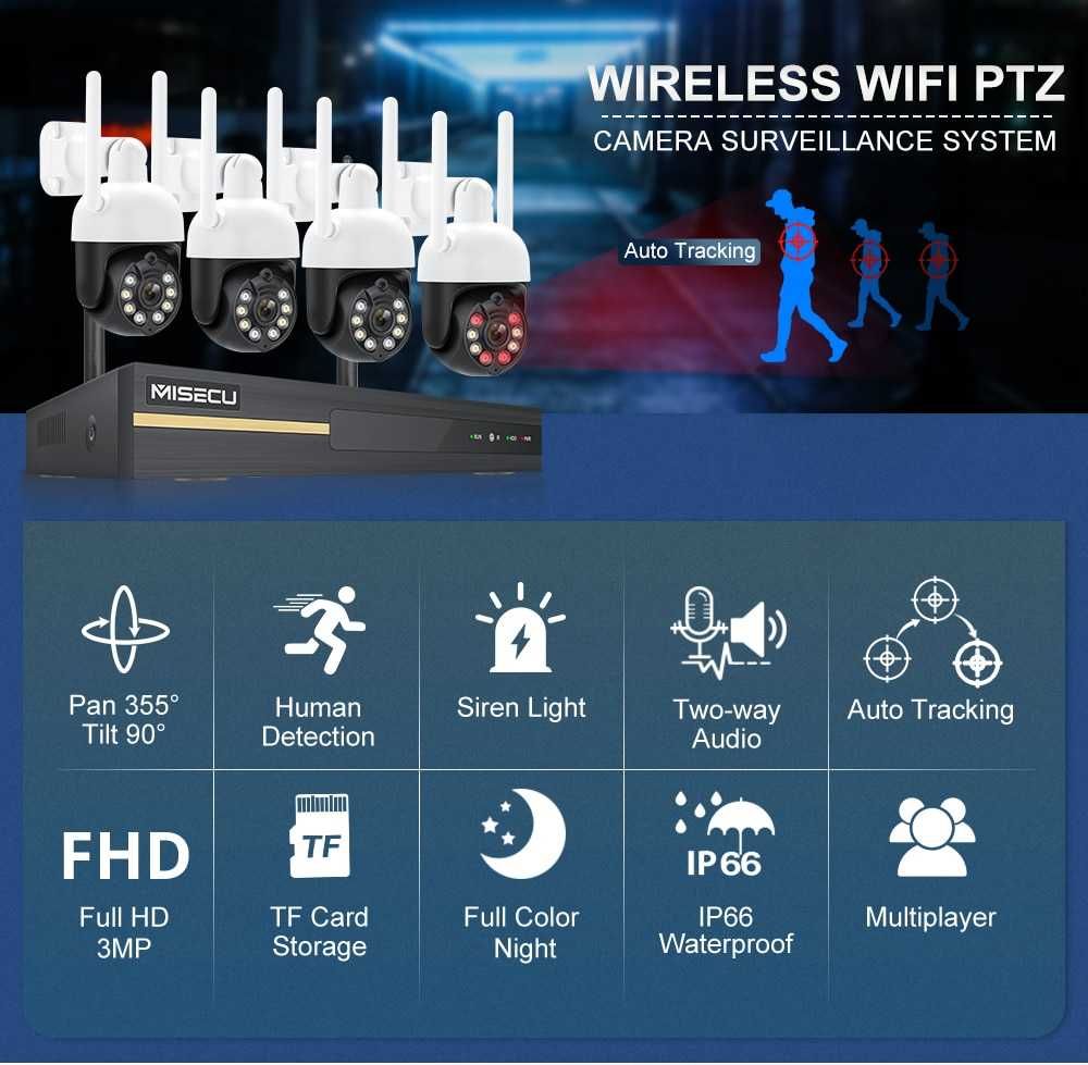 Kit 4 câmaras Rotativas 3MP • WiFi • Auto-Tracking •Áudio Bidirecional