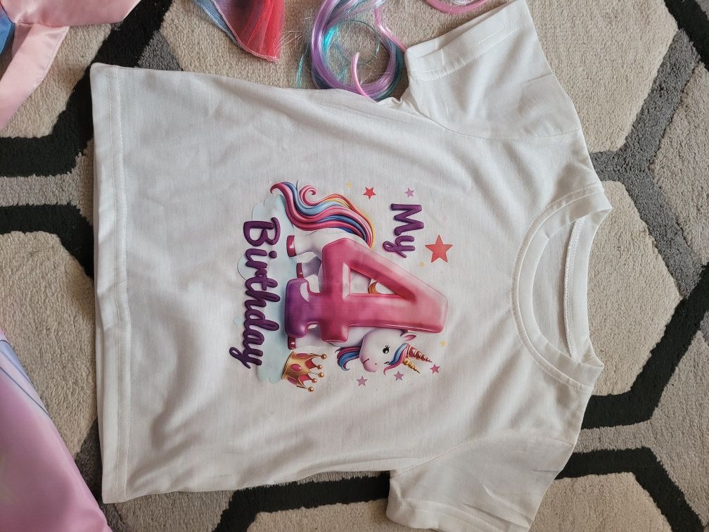 Unicorn zestaw jednorożca na 4 urodzinki ozdoby na tort sukienka 104