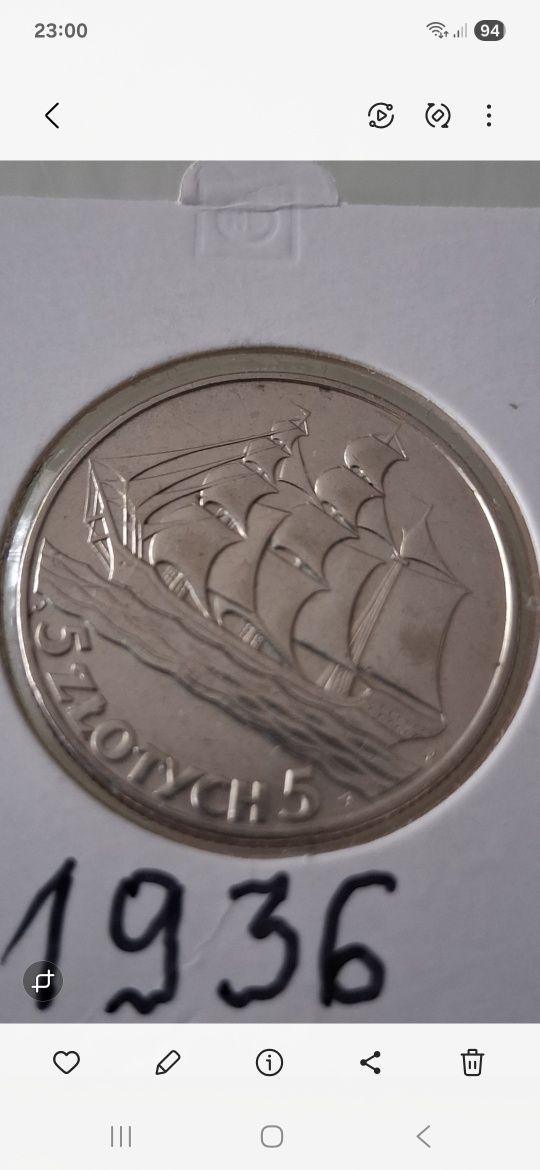 5 zł Żaglowiec 1936r