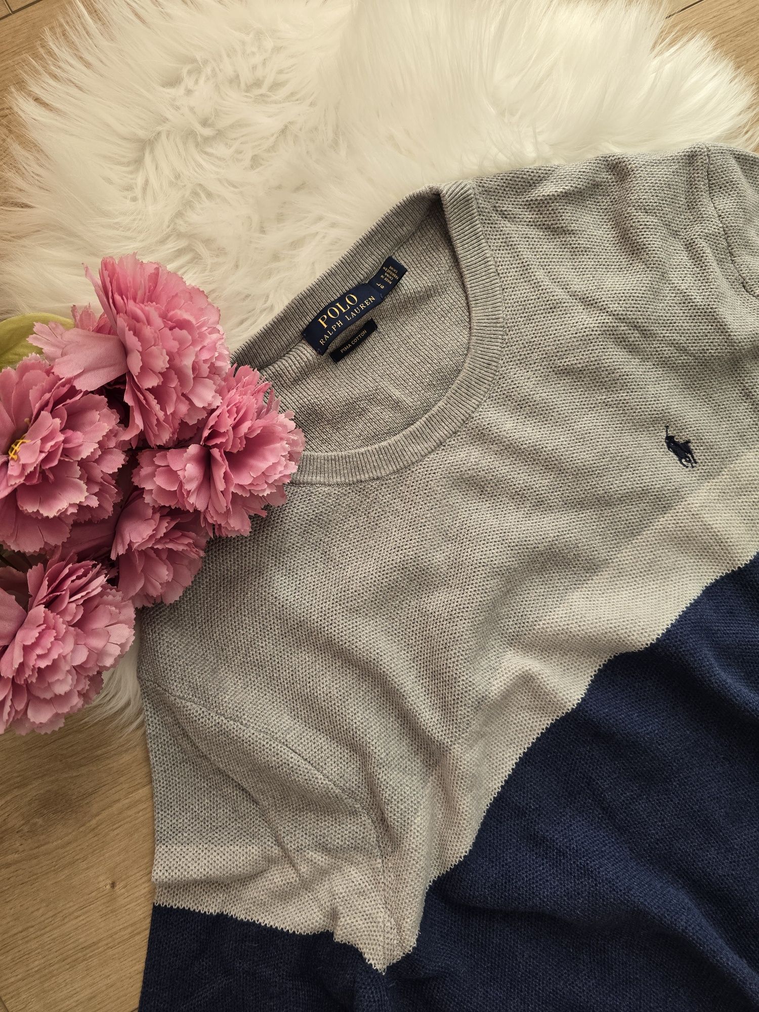 Sweter męski Ralph Lauren L paski szary granatowy bawełna cotton bdb