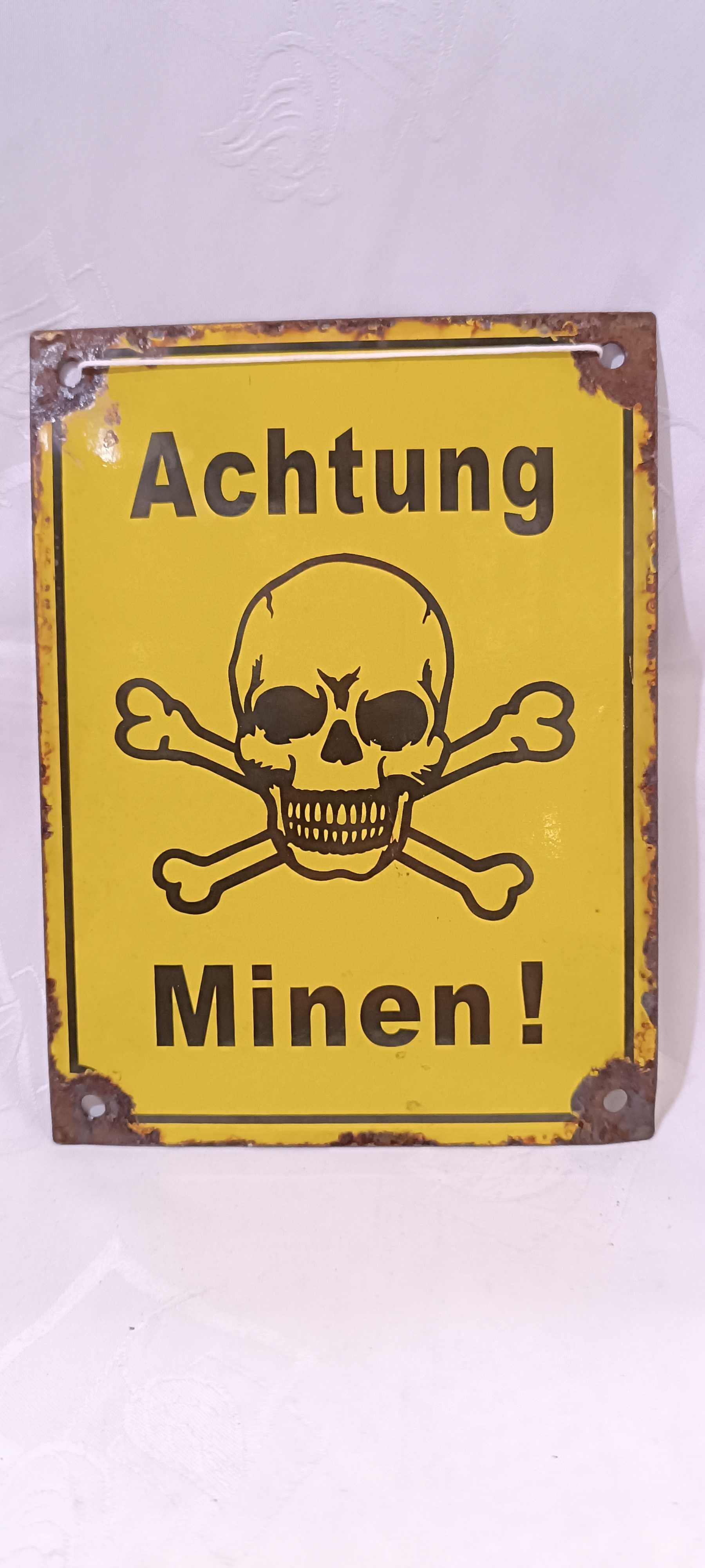 Uwaga miny, niemiecka tablica/szyld emaliowany, II wojna