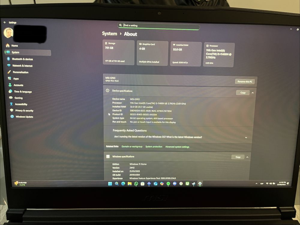 Gaming Laptop MSI GF63 Thin RTX3050 32gb ram
