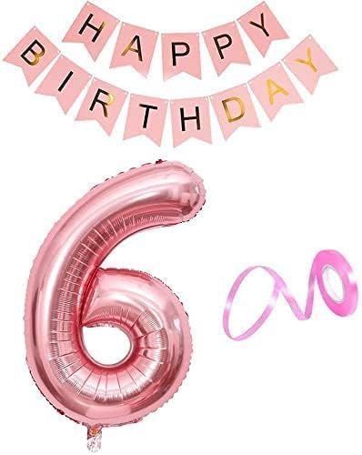 Zestaw 6 Urodziny Baner Balon Sześć lat Różowy