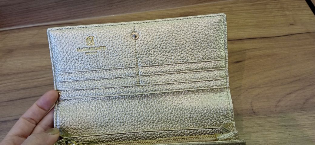Złoty portfel damski duży,  skóra 100% naturalna Massimo Contti