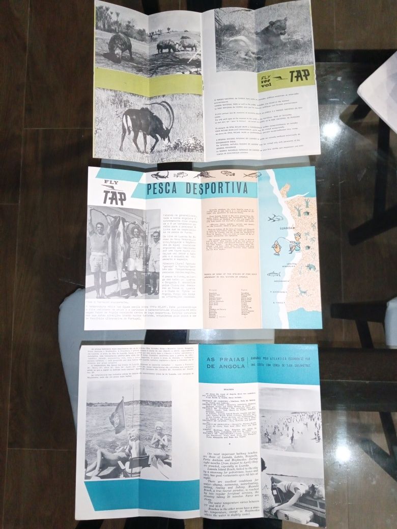 3 folhetos antigos Angola antes independência, praias, caça e pesca