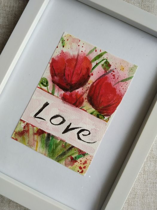 Obrazek maki. Obrazek na Walentynki. Akwarela.