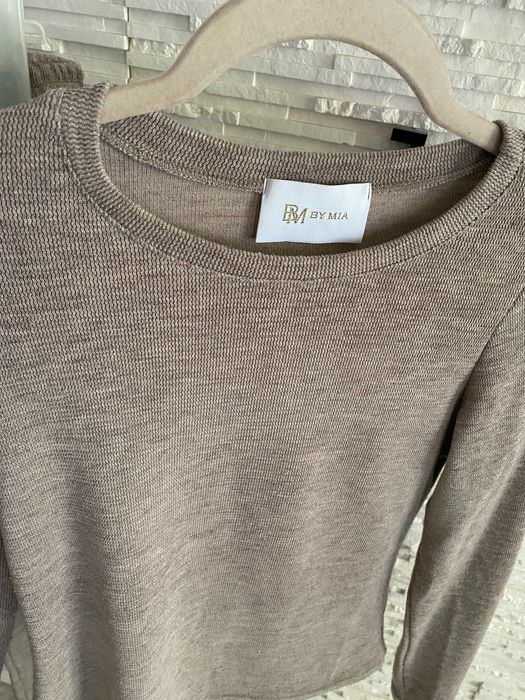 By Mia beżowy Komplet dzianinowy bluzka i szerokie spodnie