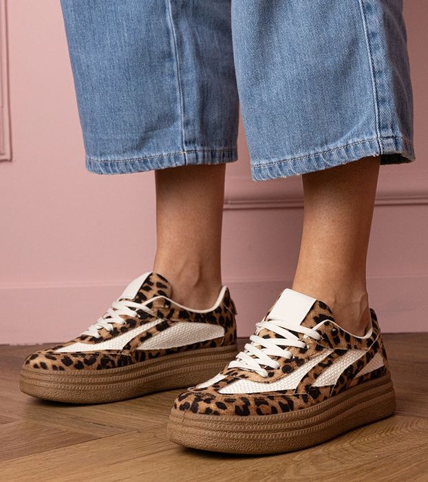 Panterkowe sneakersy trampki na grubej podeszwie Kamela