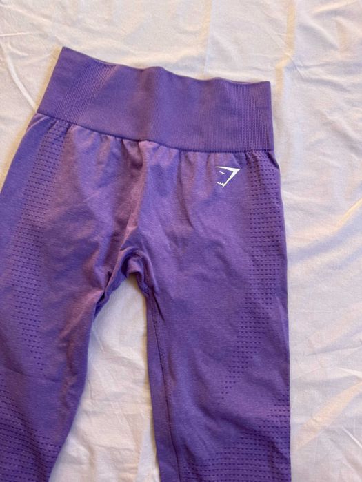 Fioletowy komplet sportowy Gymshark seamless legginsy i crop top xs 34