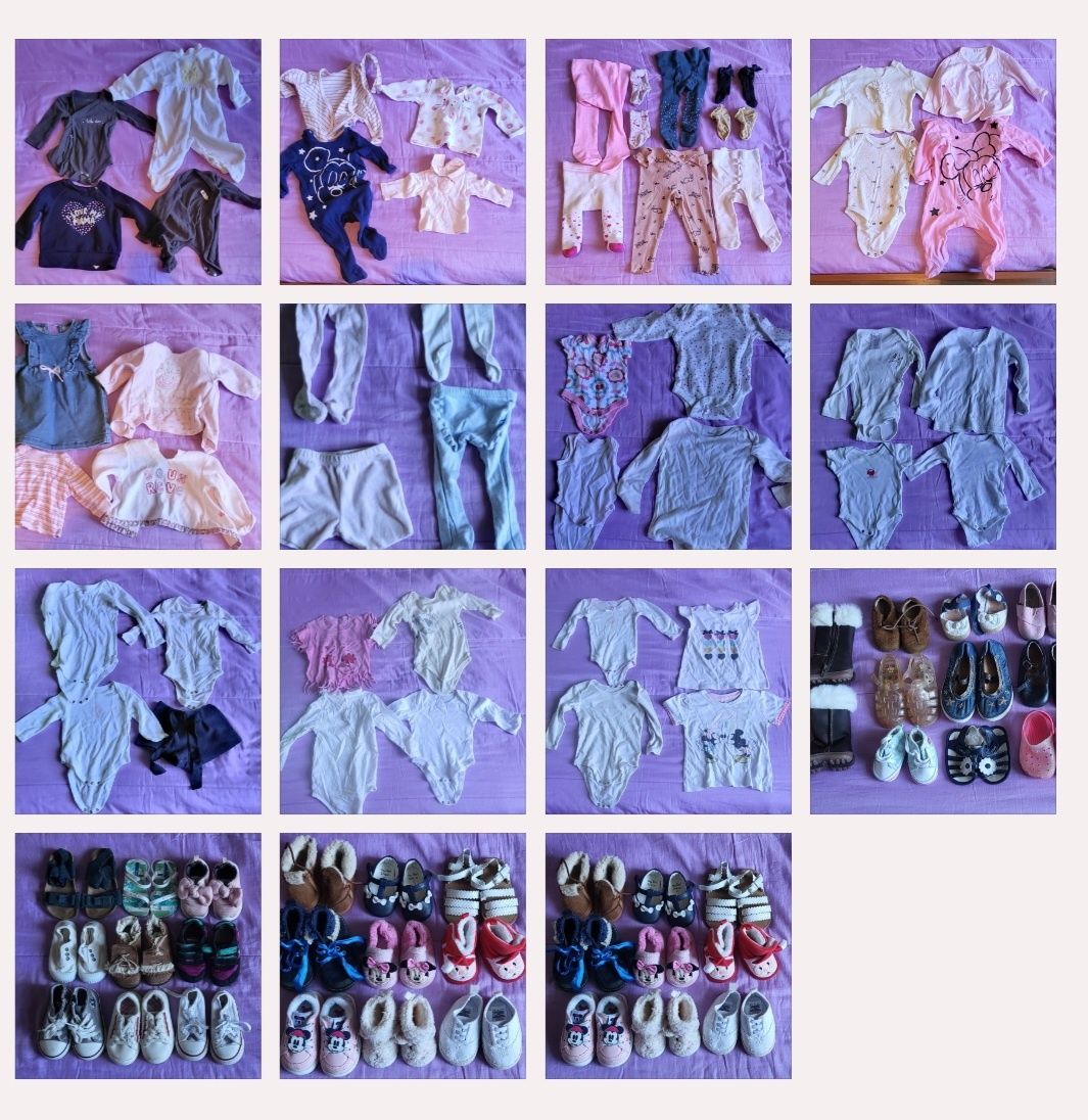 Lote de roupas e sapatos de bebé menina