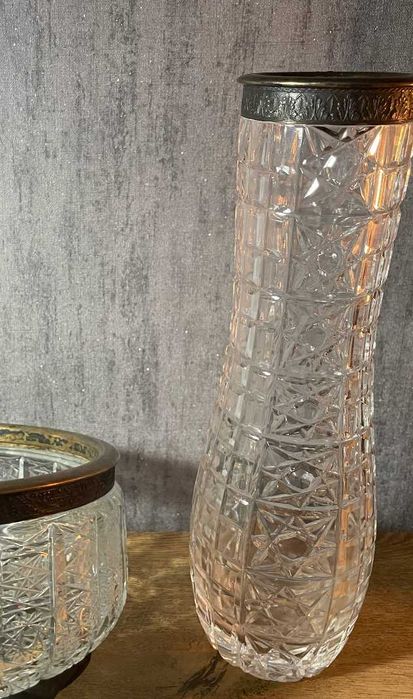 Хрустальная ваза ободок серебро. Красивая патина