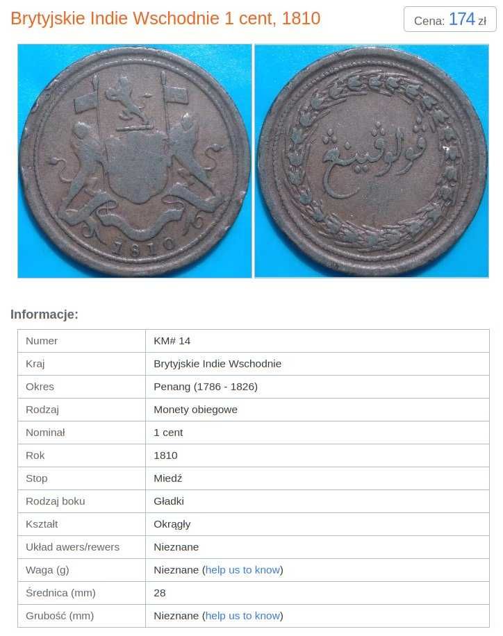 Penang - Brytyjskie Indie Wschodnie - 1 cent 1810