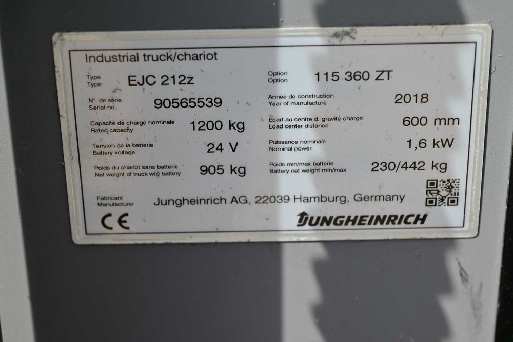 Paleciak elektryczny Jungheinrich EJC 212  2018 rok Wstępne FHP 265