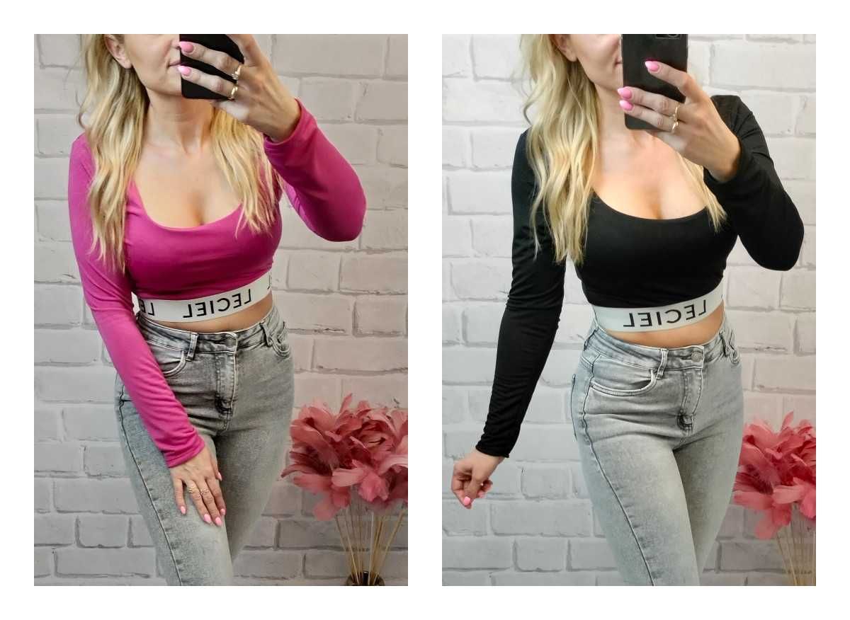 Bluzka Crop Top Krótki Róż, Czarny