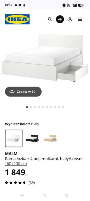 Rama łóżka MALM Ikea z szufladami i szafkami nocnymi
