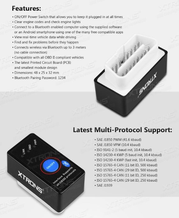 Interface de Diagnóstico Bluetooth OBD2 Xtrons com botão On/Off