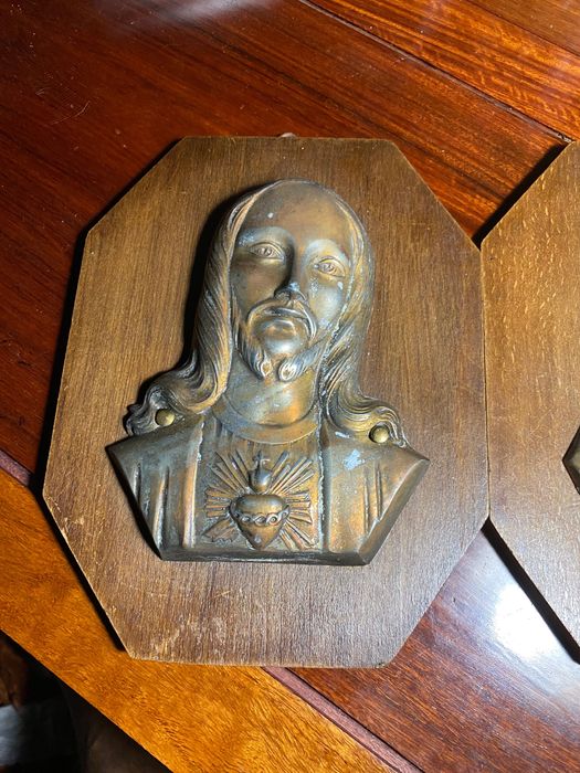 Bustos Sagrado Coração Jesus e Maria Séc XIX Assinados 21 cm