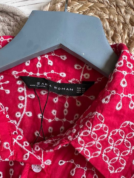 Zara czerwona haftowana sukienka haft boho bohemian rękaw 3/4 XS
