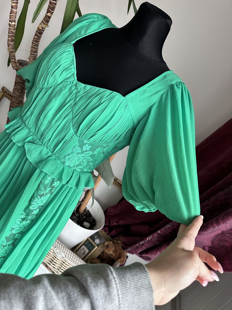Zielona plisowana sukienka midi koronka L 40 m 38 asos