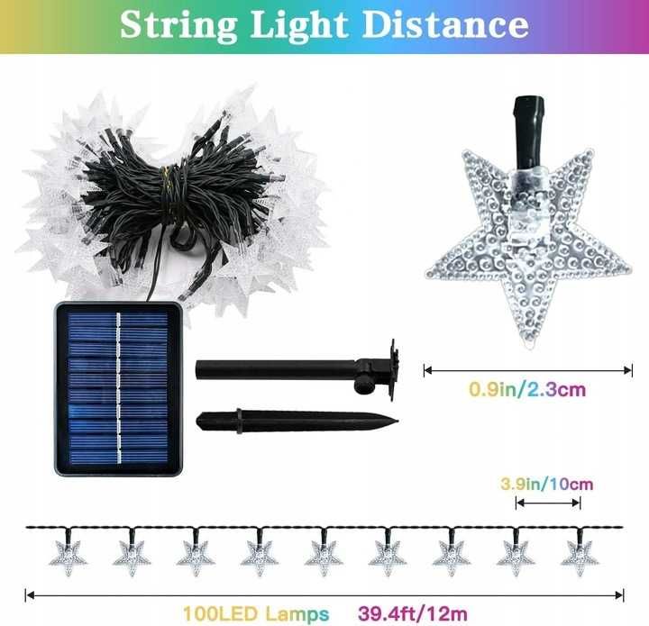 Solarny łańcuch świetlny z 100 diodami LED 12 m 8 trybów, wodoszczelny