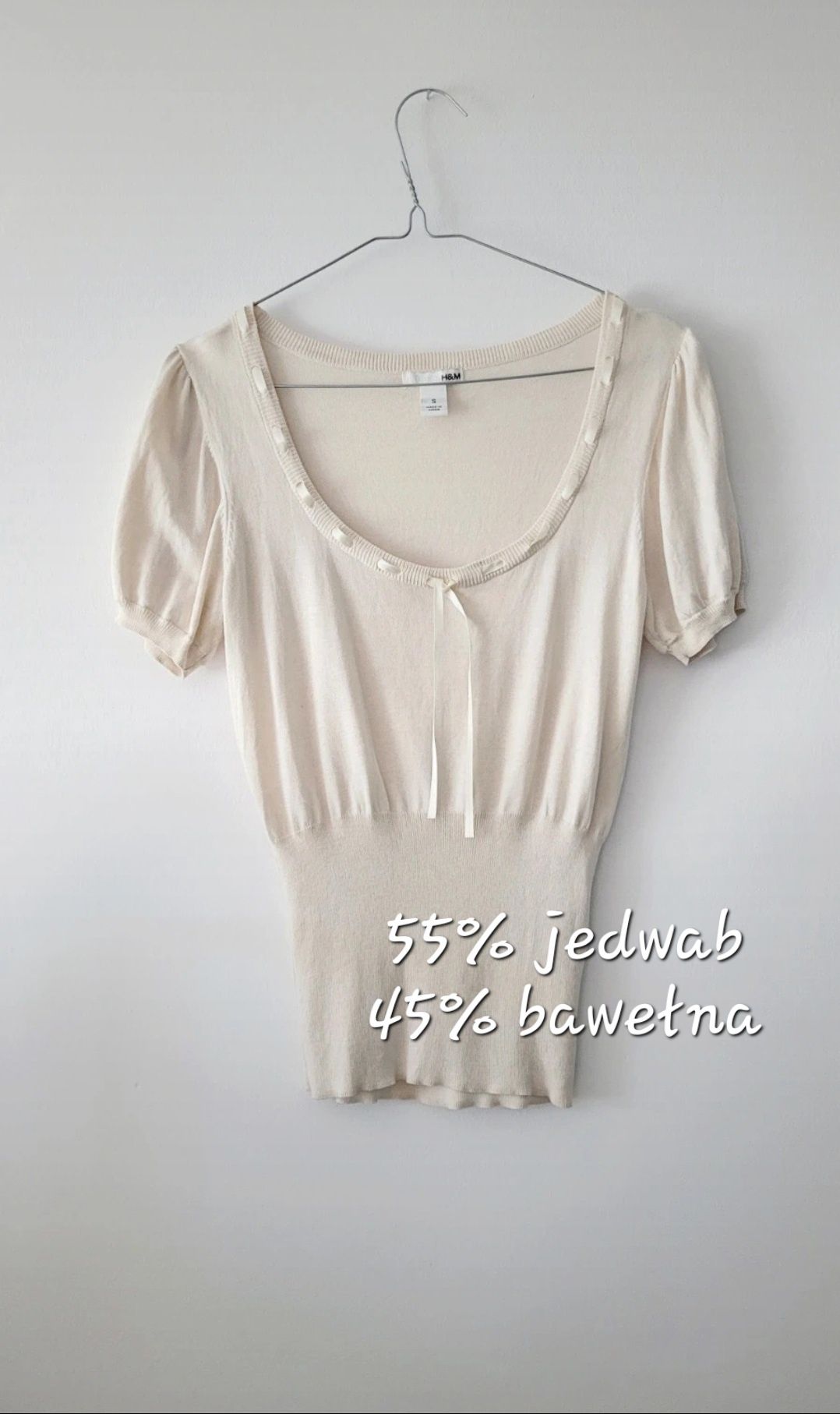 Kremowa bluzka koszulka z krótkim rękawem jedwabna jedwab bawełna H&M