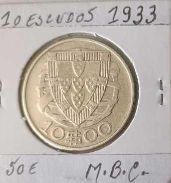 Moeda 10 Escudos 1933 da 2ª República Portuguesa Emissão Anual Prata