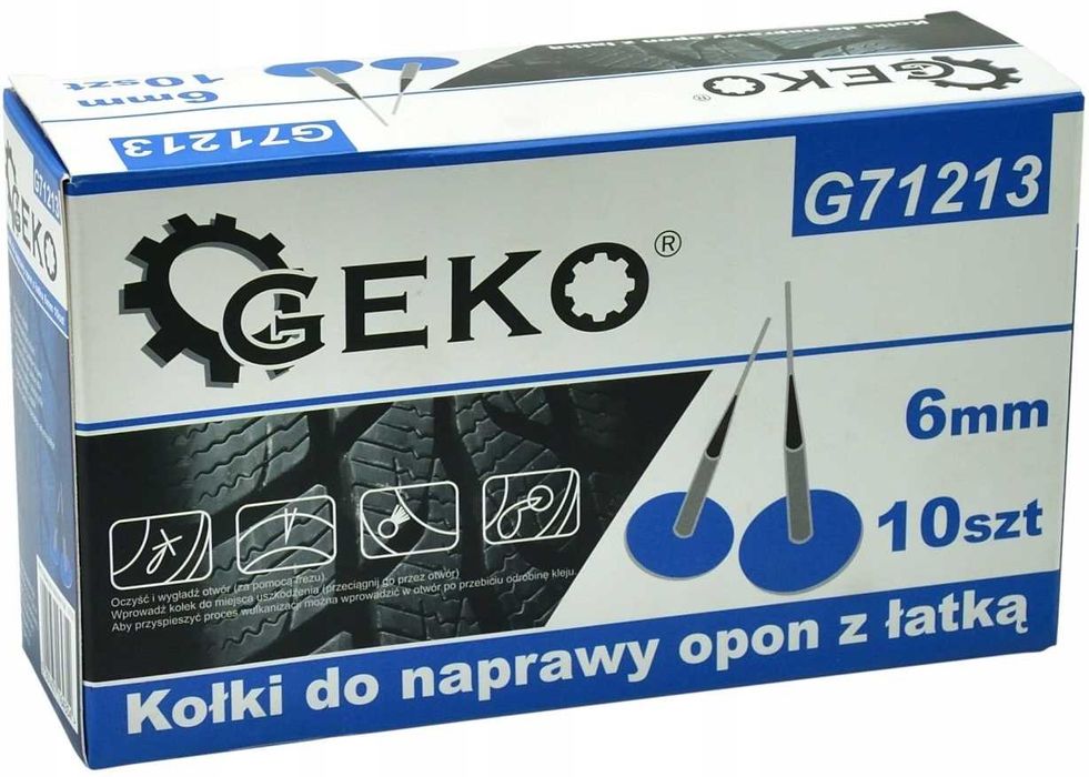 Kołki naprawcze do opon Geko z łatką 6mm, 10 szt.
