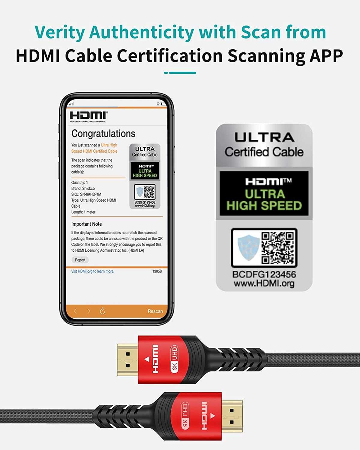 Kabel 8K HDMI 2.1 1M, Z Certyfikatem Sniokco Ultra High Speed ​​48Gbps