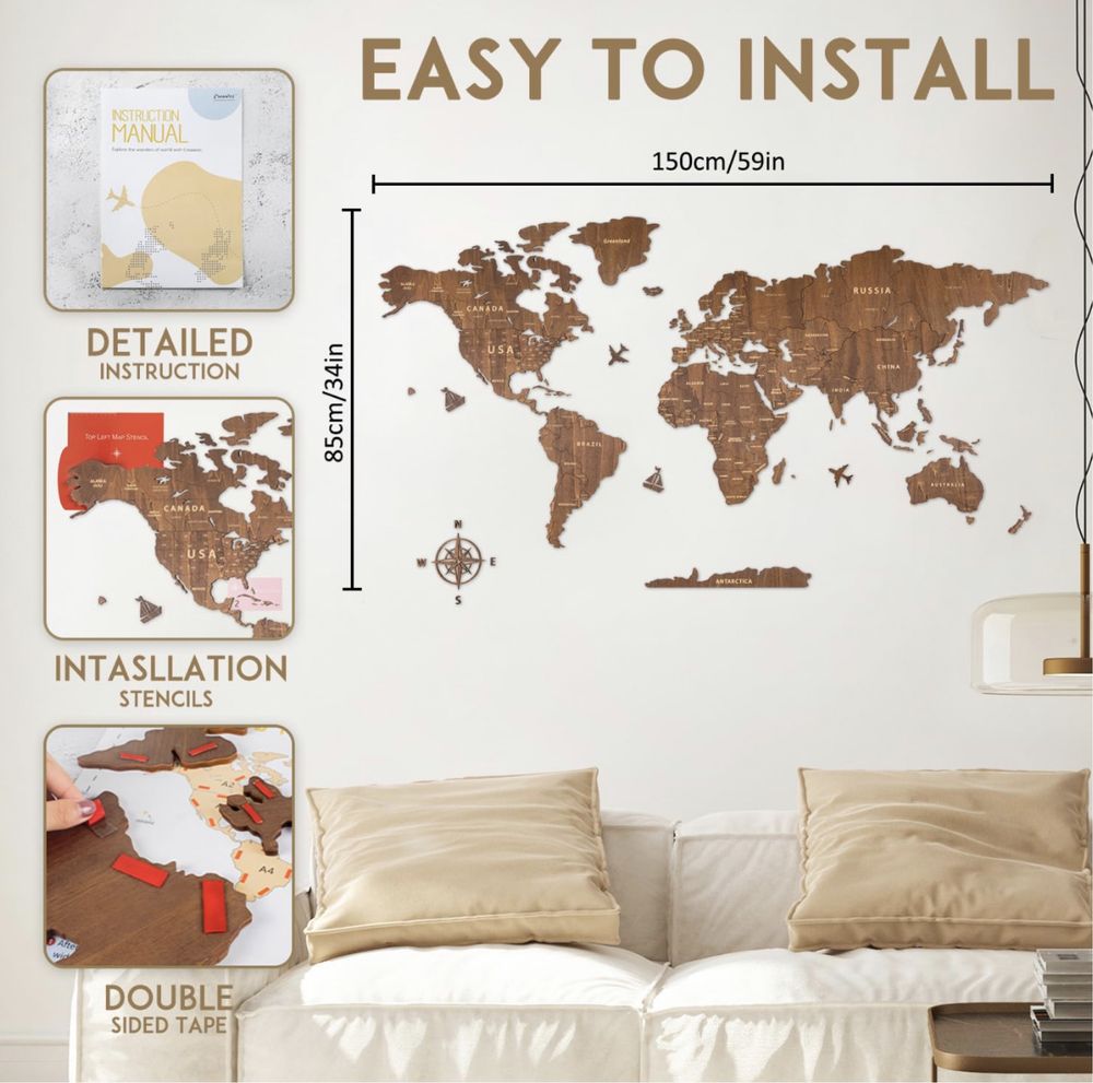 Nowa CREAWOO drewniana mapa świata, duża 150x85 cm, salon, sypialnia!
