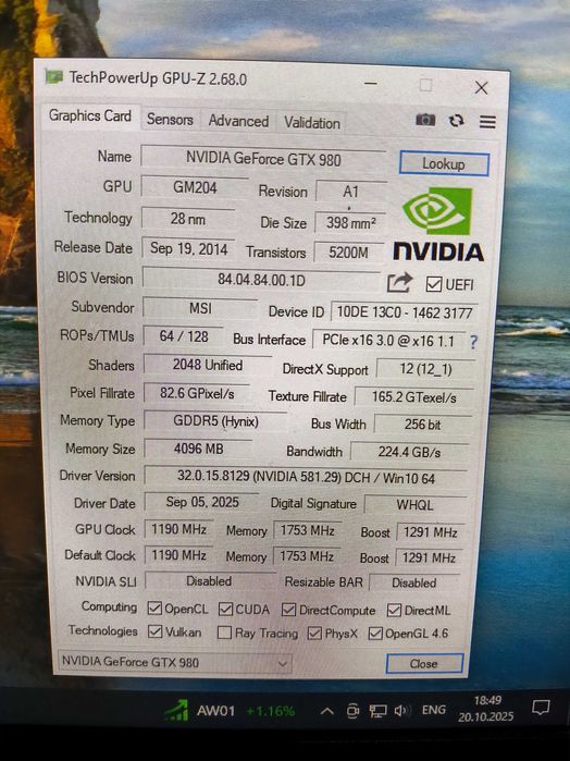 Відеокарта MSI GeForce GTX 980 GAMING 4G GDDR5 (256bit)