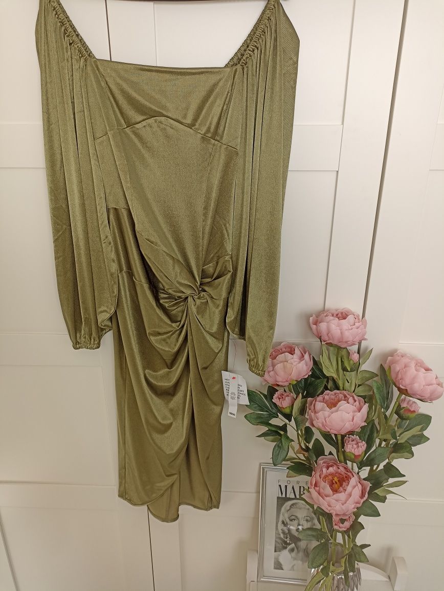 Asos Nowa satynowa sukienka khaki, rozcięcie na nodze  R. M