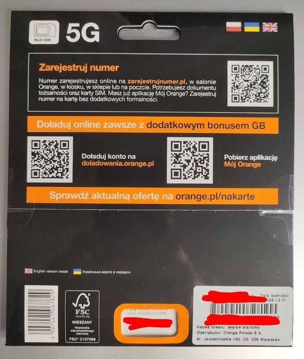 Karta sim orange 500GB na ROK karta  4G 5G